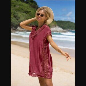 Burgundy crochet trim top coverup swim beach one size NEW